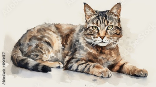  a watercolor painting of a cat laying down on the ground. generative ai