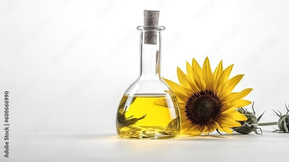 a bottle of sunflower oil next to a sunflower. generative ai a bottle of sunflower oil next to a sunflower. generative ai
