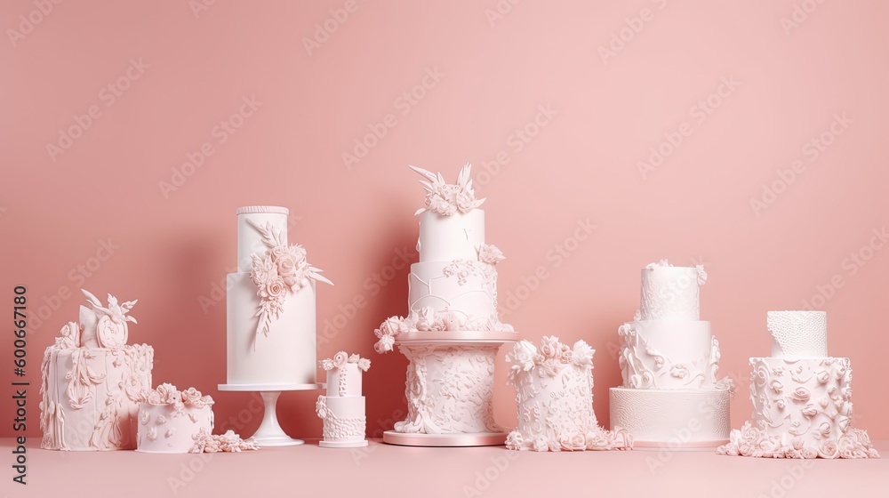 a group of white cakes sitting on top of a table. generative ai a group of white cakes sitting on top of a table. generative ai