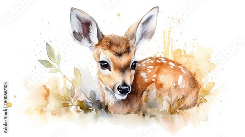  a watercolor painting of a baby deer with leaves around it. generative ai