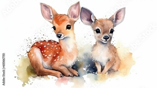  a couple of deer sitting next to each other on a white background. generative ai