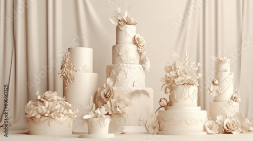  a group of wedding cakes sitting on top of a table. generative ai