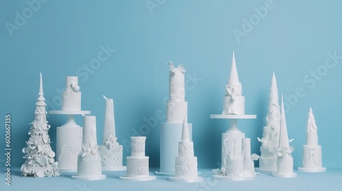  a group of white cakes sitting on top of a table. generative ai