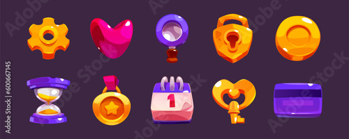 Cartoon game interface icon with lock and key. Vector gold element set with coin, heart, prize and hourglass illustration kit. Settings and bank card props symbol collection for mobile magic rpg app