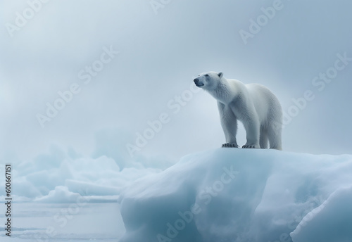 polar bears are walking on the melting Arctic sea ice and river. Warming temperatures gradually melt glaciers with Global climate warming. Protect the environment. Generative AI