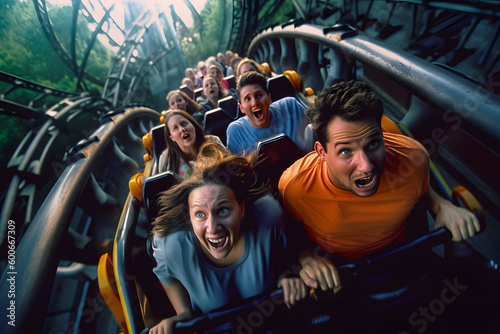 Emotions screaming with fright and joy ride people on trolleys in roller coaster turns. Generative AI.