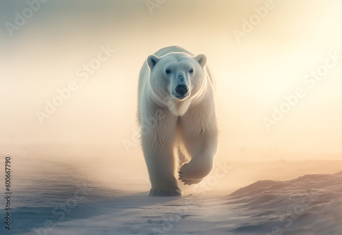 A White polar bear walks through a dry sandy desert. Warming temperatures gradually melt glaciers with Global climate warming. Protect the environment. Generative AI