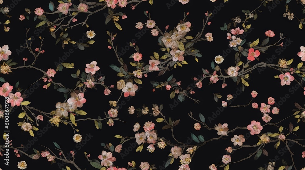  a black background with pink and white flowers on a branch.  generative ai