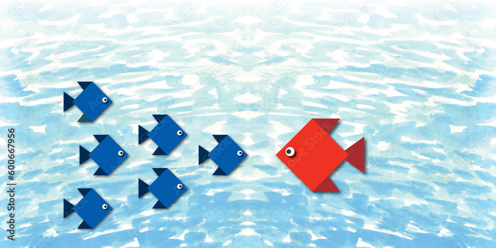 Group of small fish with one big red fish in the sea blue background. Design for conflict of interest or confrontation, opposition, change concept. space for text. illustration paper cut design style. - obrazy, fototapety, plakaty 