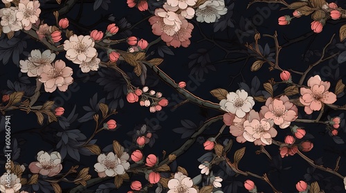  a black background with pink and white flowers and leaves on it. generative ai