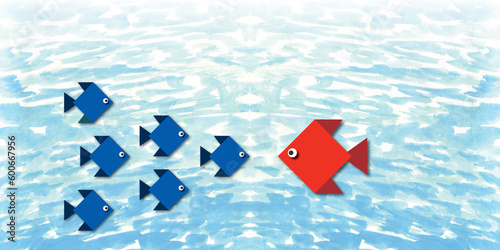 Group of small fish with one big red fish in the sea blue background. Design for conflict of interest or confrontation, opposition, change concept. space for text. illustration paper cut design style. photo