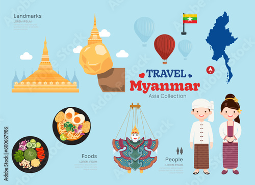 Travel Myanmar flat icons set. burmese element icon map and landmarks symbols and objects collection. Vector Illustration photo