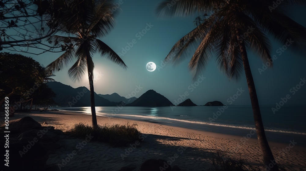  a full moon is seen over a beach with palm trees.  generative ai