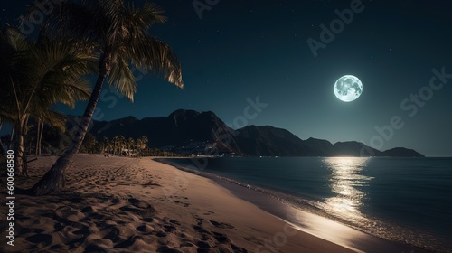  a full moon is seen over a beach with palm trees. generative ai