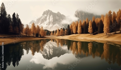 Mountains and trees reflected in a lake. Generative AI.