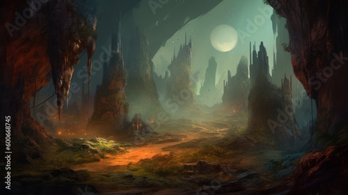 Alien World Landscape, Fantasy Background, Digital Illustration, Concept Art, Generative AI © Badger