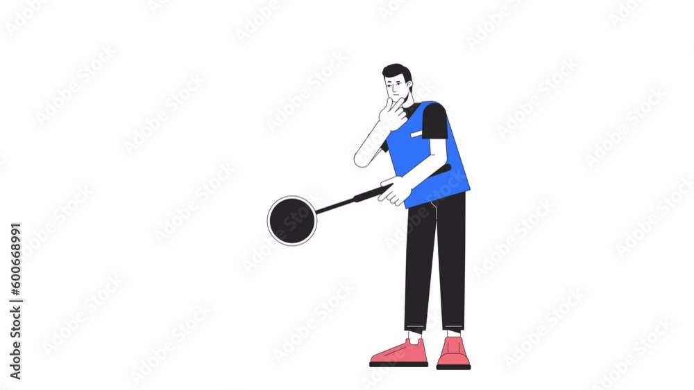 Animated asian man with loupe. Male scientist holding magnifying glass isolated 2D animation. Cartoon colour flat line character 4K video footage, white background, alpha channel transparency