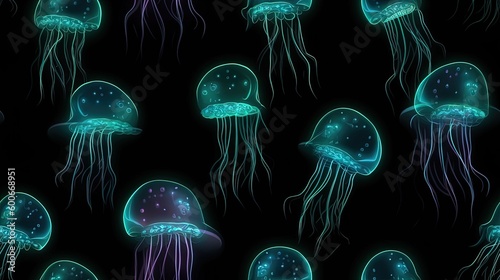  a group of jellyfish floating in the ocean at night.  generative ai © Shanti