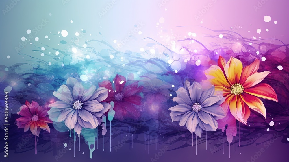  a painting of flowers on a purple and blue background with bubbles.  generative ai