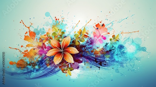  a colorful flower with splashes of paint on a blue background.  generative ai