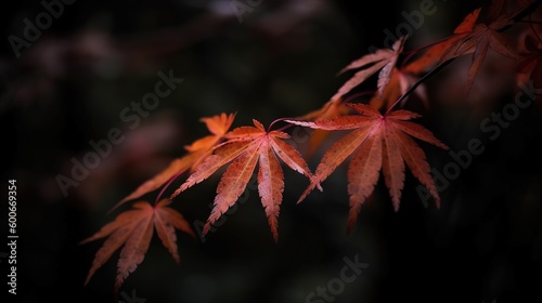  a close up of a red leaf on a tree branch.  generative ai