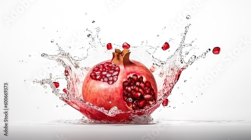  a pomegranate splashing into the water on a white background.  generative ai