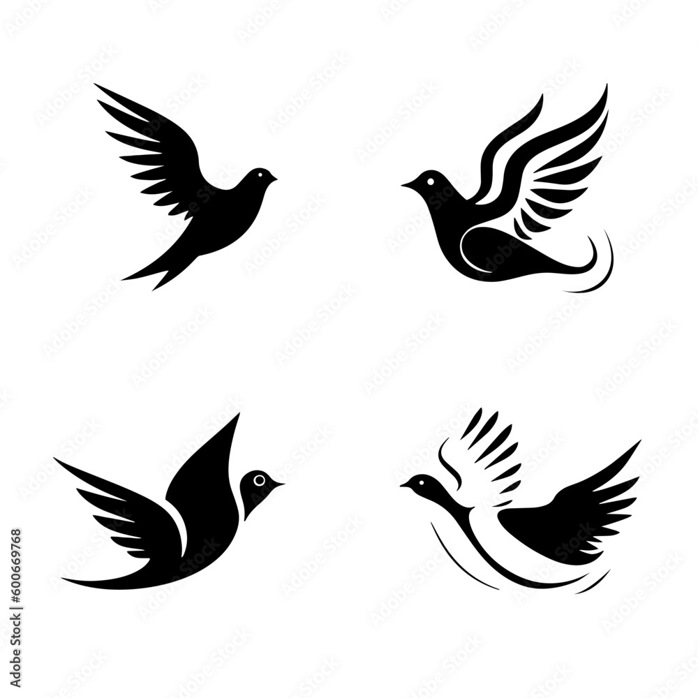 Obraz premium Pigeon silhouettes. Vector flying doves on a white background. Four doves. Set logo