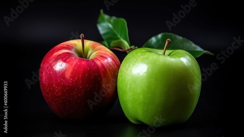  two green and red apples with leaves on a black background.  generative ai