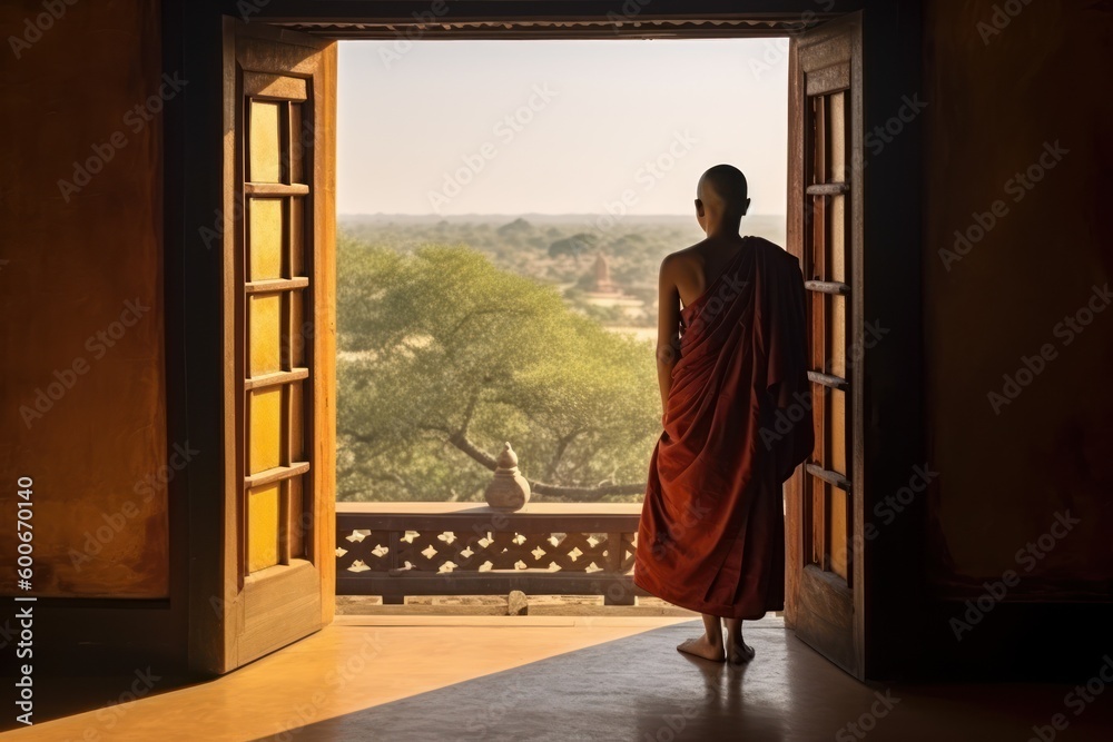 Buddhist monk on a temple open window, view of Bagan Valley in Myanmar. Generative AI Buddhist monk on a temple open window, view of Bagan Valley in Myanmar. Generative AI