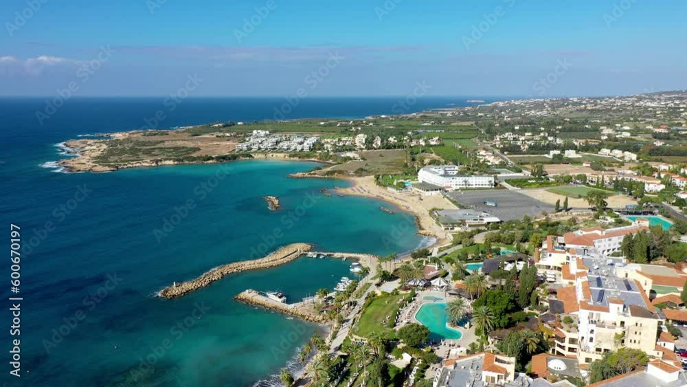 Aerial view of Laourou Beach, also known as Corallia Beach, one of the best beaches in Cyprus near Coral Bay, Paphos district, Cyprus.