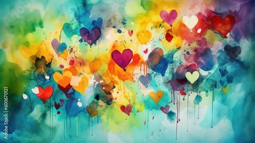  a painting of many hearts painted on a blue background with a splash of paint. generative ai