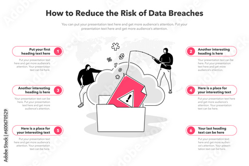 Simple infographic template for how to reduce the risk of data breaches. 6 stages template with two hackers stealing confidential data from a secured system.
