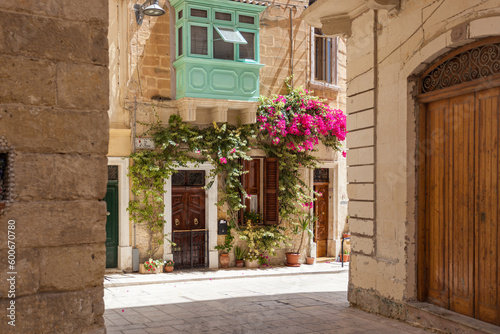 Mediterranean house wall with flowers, Valletta Malta