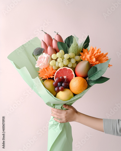 Abstract creative healthy concept, refreshing, fruity snack. Tropical fruit in a bouquet, a healthy diet gift for a girl. Illustration, Generative AI. photo