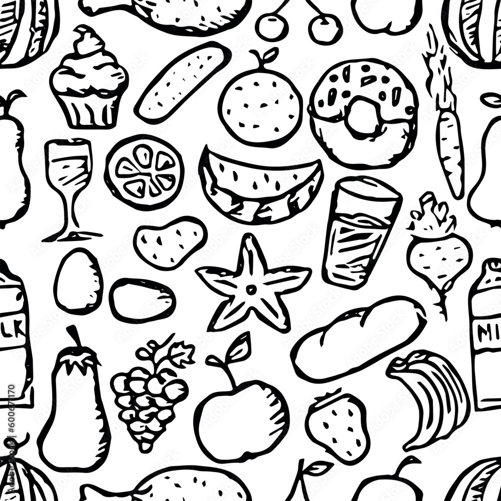 Seamless food background. Drawing food pattern