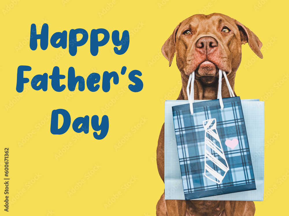 Happy Father s Day. Cute brown puppy and a gift bag. Close up