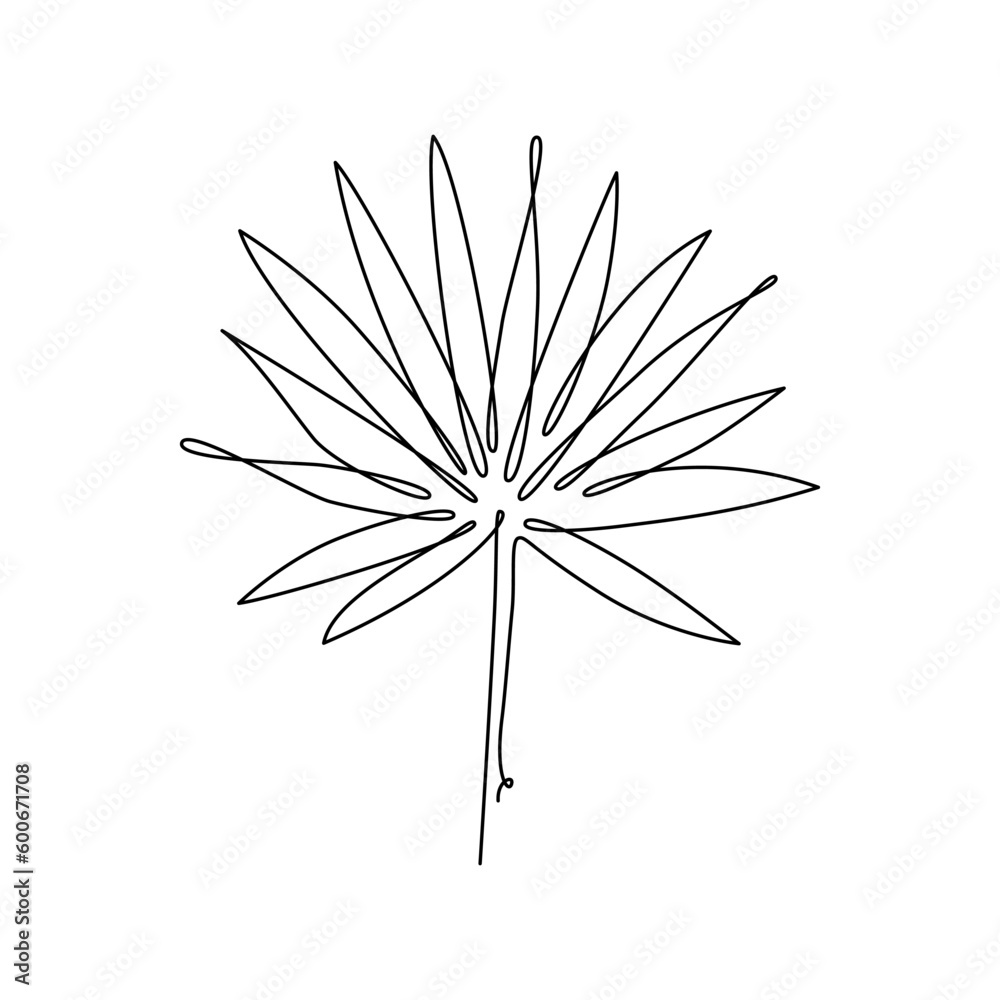 LEAF LINE ART. Vector plant leaf Continuous Line Drawing. Vector for print poster, card, sticker tattoo, tee with palm tree leaf. One Line art black Hand Drawn simple Illustration on White Background