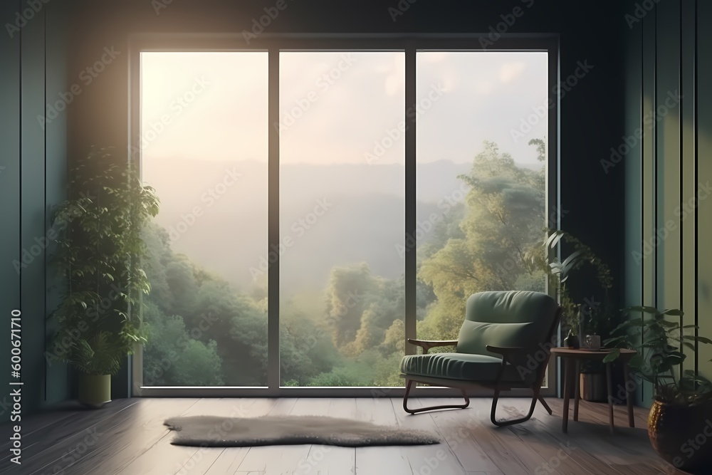 Fototapeta premium elegant living room green concept deseign with big windows generated ai