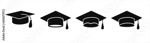 Graduation hat cap icons set. Academic cap. Graduation student black cap and diploma - stock vector