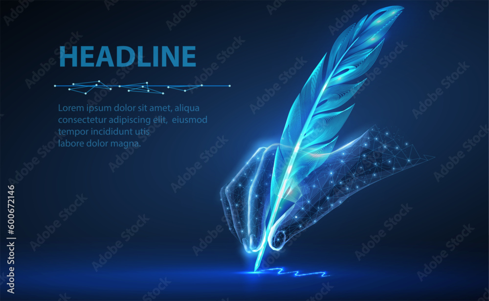 Feather in digital hand. Automatic text generator, AI writing