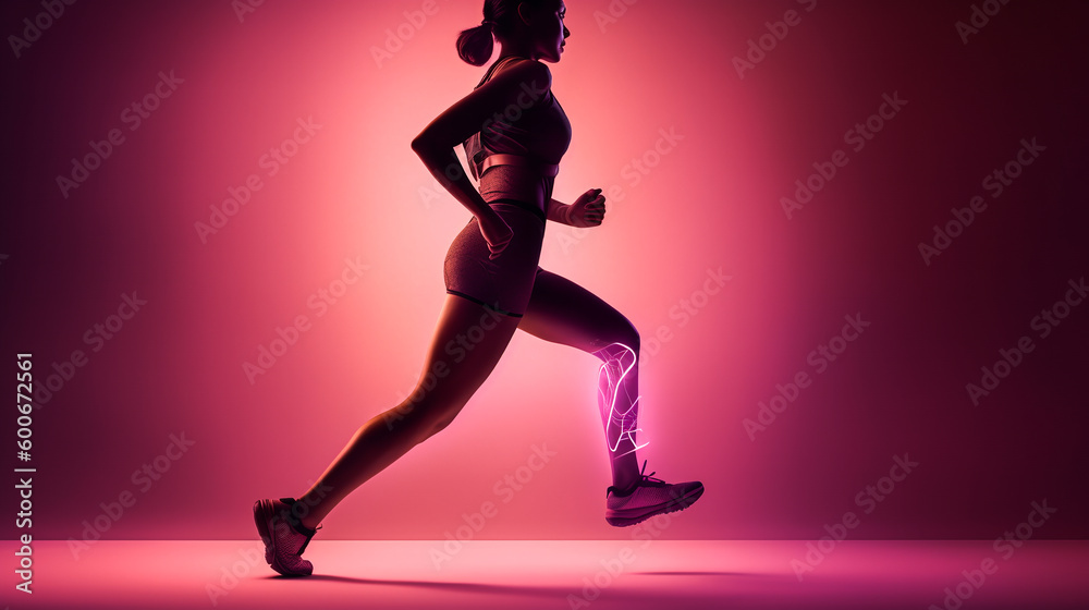 Silhouette of running athlete. Abstract image of sporty woman runner jogger on red-purple form lines, point background. Dynamic movement, vide view. Generative AI. High quality illustration