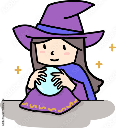 水晶玉で占いをする魔法使いの女の子イラスト