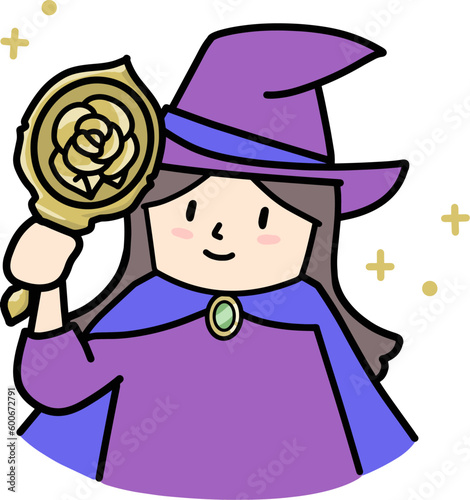 手鏡を持ってファッションチェックする魔法使いの女の子イラスト