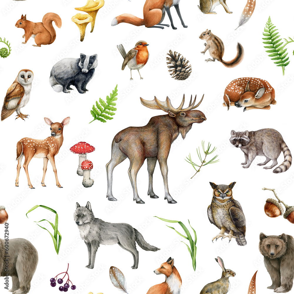 Obraz premium Forest animals, birds and natural element seamless pattern. Watercolor illustration. Wildlife collection. Hand painted wild forest animals, birds, nature elements seamless pattern. White background