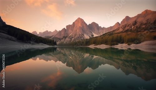 Mountains at sunset reflected in the lake. Generative AI.