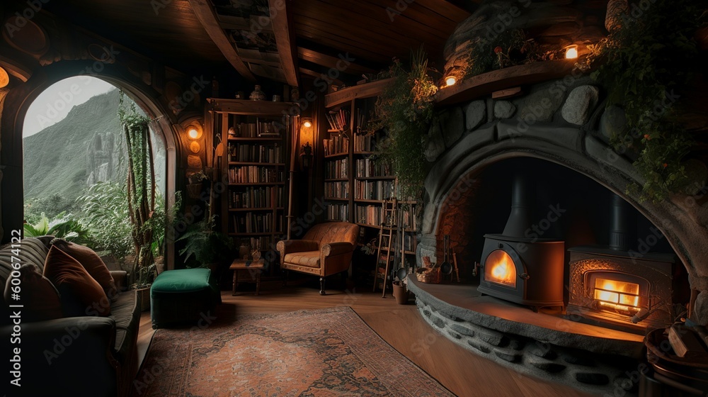 Eco hobbit house interior with wooden details and shaped hall, AI gemerated Eco hobbit house interior with wooden details and shaped hall, AI gemerated