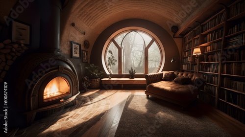 Comfy and cozy wooden hobbit house interior with stucco and thatched roof  AI generated