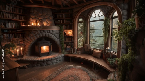 Cozy hobbit house interior by the nature ,AI generated