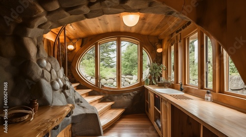 Cozy hobbit house interior with wooden details ,AI generated
