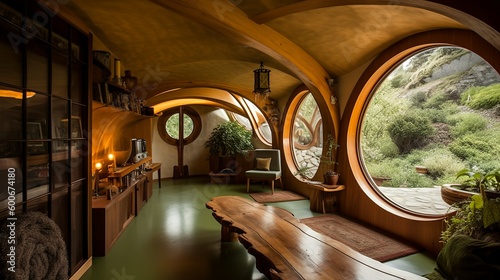 Cozy hobbit house interior by the nature ,AI generated